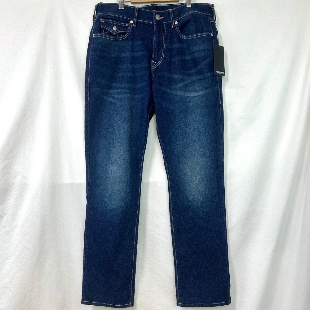 TRUE RELIGION NEW Ricky Relaxed Straight Jeans Men 33x34 T Flap Dark Wash Denim